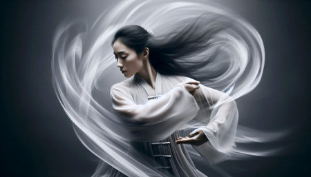 A long exposure photograph capturing a tai chi practitioner in movementの写真素材