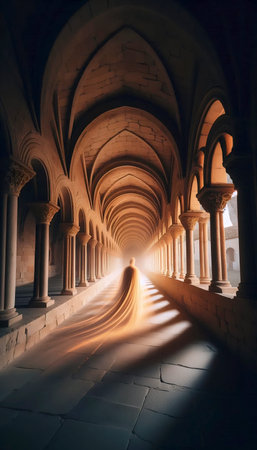 A long exposure photograph of a monk walking in a cloisterの写真素材