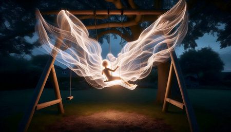 A long exposure photograph of a child on a swing at twilight, Ai generated imageの写真素材