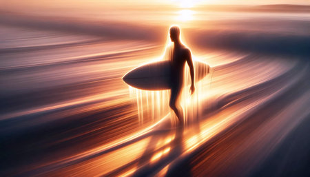 A long exposure photograph of a surfer walking into the ocean at dawn, Ai generated imageの写真素材