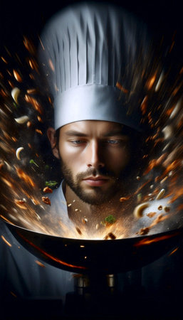 A tight, portrait isolated within the motion of a chef with a wok, Ai generated imageの写真素材