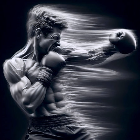A long exposure photograph capturing a boxer mid-hookの写真素材