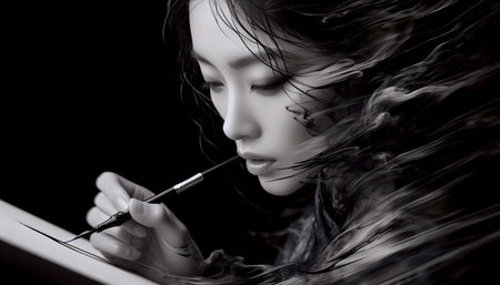 A tight, portrait isolated within the motion of a calligrapher, Ai generated imageの写真素材