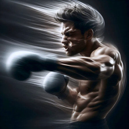 A long exposure photograph capturing a boxer mid-hookの写真素材