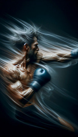 A long exposure photograph capturing a boxer mid-hook.の写真素材