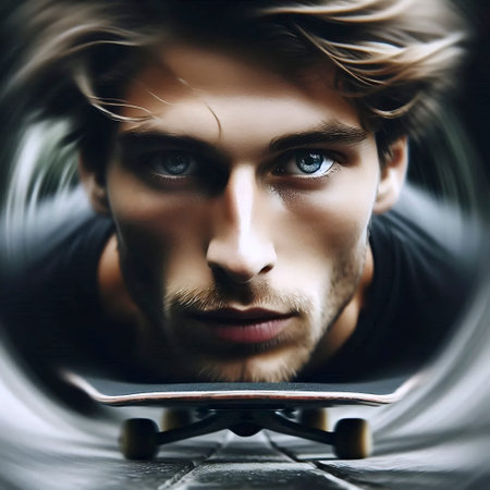 A tight, portrait isolated within the motion of a skateboarder, Ai generated imageの写真素材