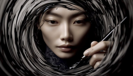 A tight, portrait isolated within the motion of a calligrapher, Ai generated imageの写真素材