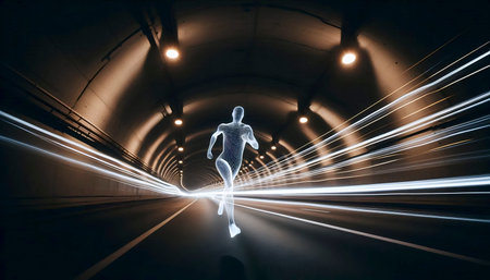 A long exposure photograph of a figure running through a tunnel of light, Ai generated imageの写真素材