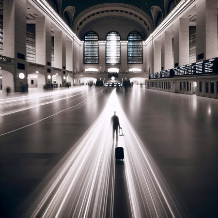 A long exposure photograph of a figure pulling a suitcase through a train station, Ai generated imageの写真素材