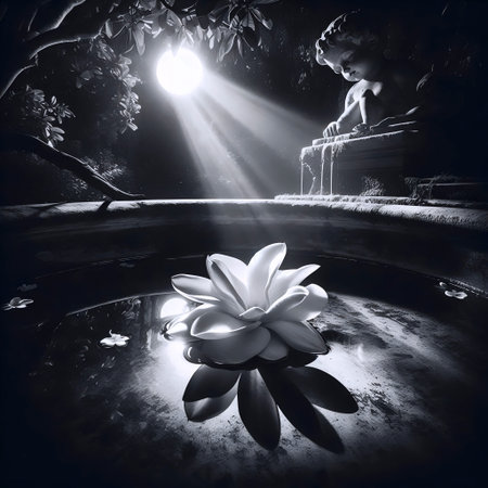 A single white gardenia floating in a marble fountain, Ai generated imageの写真素材