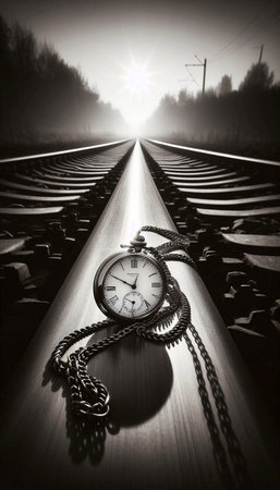 A pocket watch on a chain, left on a railway track, Ai generated imageの写真素材