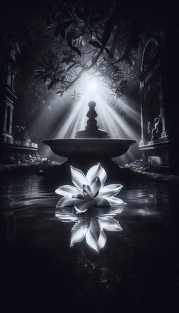 A single white gardenia floating in a marble fountainの写真素材