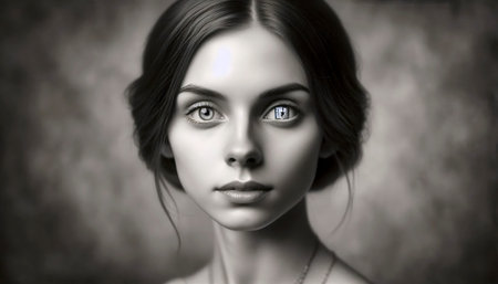 A classic, formally composed three-quarter portrait where a young woman looks directly ahead with a neutral,の写真素材