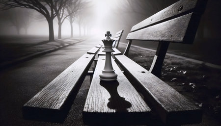 A lone chess piece on a park bench, Ai generated imageの写真素材