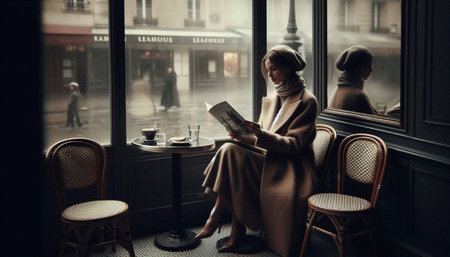 A woman in a camel coat in a rainy cafe, Ai generated imageの写真素材
