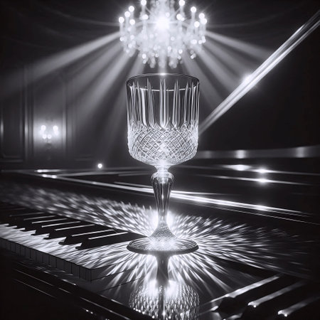 A crystal champagne coupe on a grand piano lid, Ai generated imageの写真素材