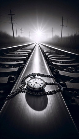 A pocket watch on a chain, left on a railway track, Ai generated imageの写真素材