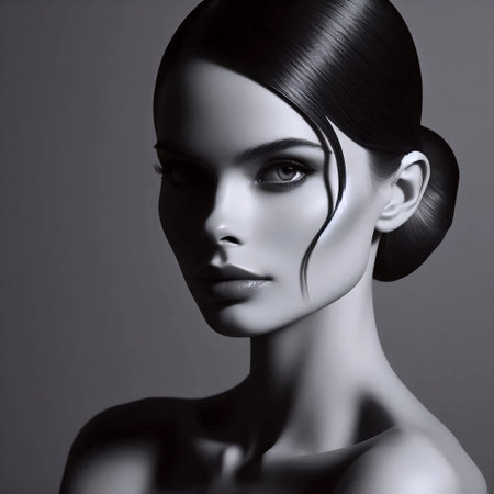 A classic portrait of a woman with a severe low bunの写真素材