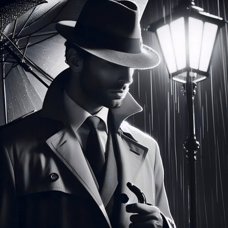 A man in a trench coat and fedora with a vintage umbrella, Ai generated image