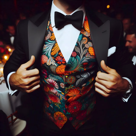 A tuxedo with a bold printed silk waistcoat, Ai generated image