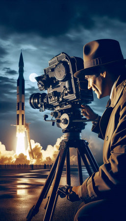 A 1950s cinematographer capturing a rocket launch, Ai generated image