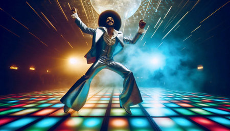 A 1970s solo disco king on a lit dance floor, Ai generated image