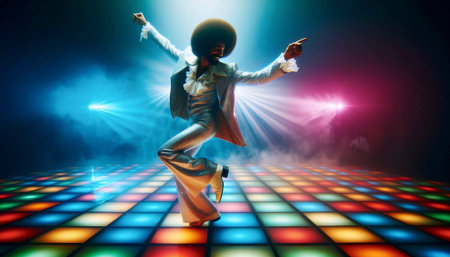A 1970s solo disco king on a lit dance floor, Ai generated imageの写真素材