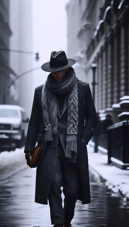 Winter city look: cashmere coat, scarf, gloves, fedora in grey monochrome, Ai generated imageの写真素材