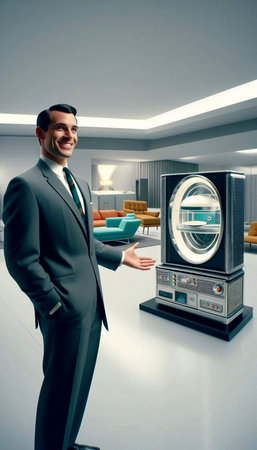 A 1960s realtor showcasing a retro-futuristic home, Ai generated image
