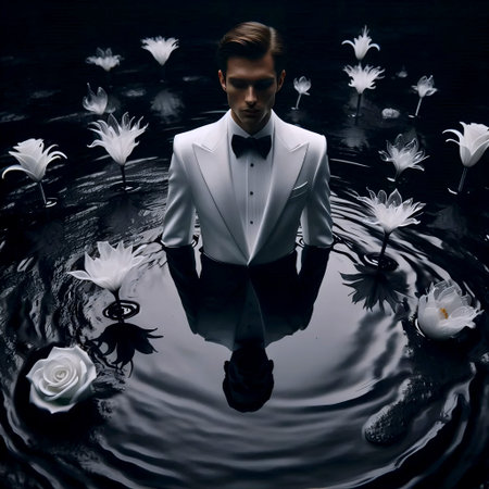 A groom in immaculate white standing in a sea of black oil, Ai generated image