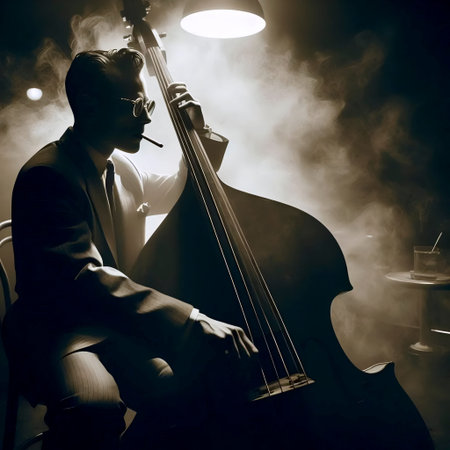 A 1940s jazz double bassist in a smoky underground club, Ai generated imageの写真素材