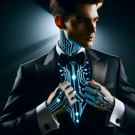 A grooms revealed cybernetic tattoos under a tuxedo, Ai generated imageの写真素材