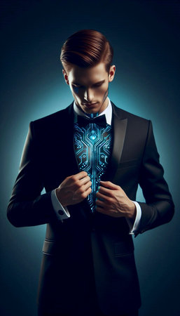 A grooms revealed cybernetic tattoos under a tuxedo, Ai generated imageの写真素材