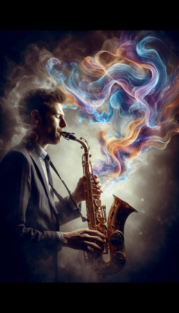 A saxophonists visualized watercolor sound wave, Ai generated image