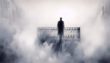A man in a watercolor fog on a balcony, Ai generated image