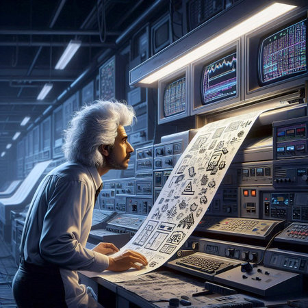 A 1980s computer genius with a line printer, Ai generated image