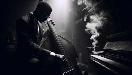 A 1940s jazz bassist in a smoky club, Ai generated image