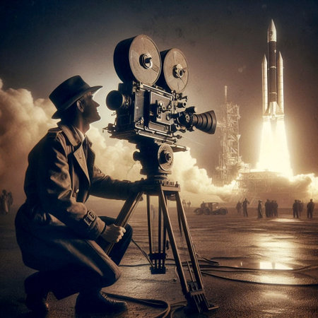 A 1950s newsreel cameraman filming a rocket launch, Ai generated image