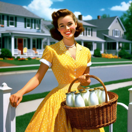 A 1950s milkmaid in a vibrant apron dress, Ai generated image