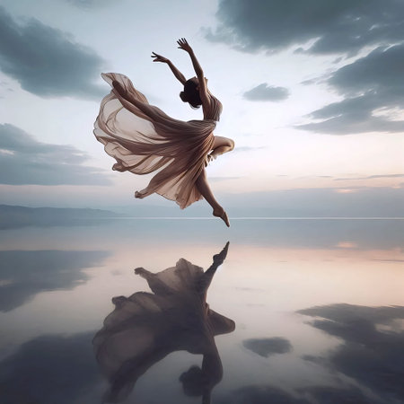 A contemporary dancer leaping over water, Ai generated image