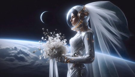 A space bride with a veil before Earth, Ai generated image