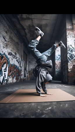 A hip-hop dancer in a handstand freeze, Ai generated image