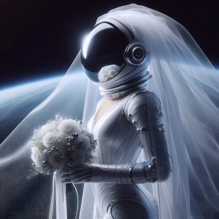 A space bride with a veil before Earth, Ai generated image