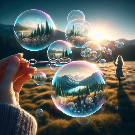 Soap bubbles containing watercolor landscapes, Ai generated image