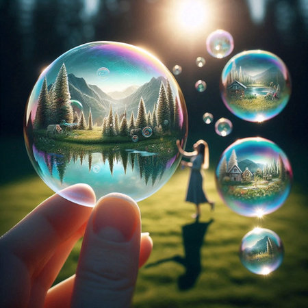 Soap bubbles containing watercolor landscapes, Ai generated image