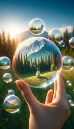 Soap bubbles containing watercolor landscapes, Ai generated image