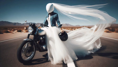 A biker bride in a denim jacket, Ai generated image