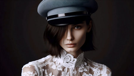 A woman in a military cap and lace dress, Ai generated imageの写真素材