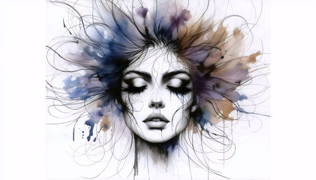 A portrait in ink outline and watercolor hair, Ai generated imageの写真素材