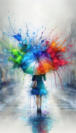 An umbrella under a watercolor rain, Ai generated image